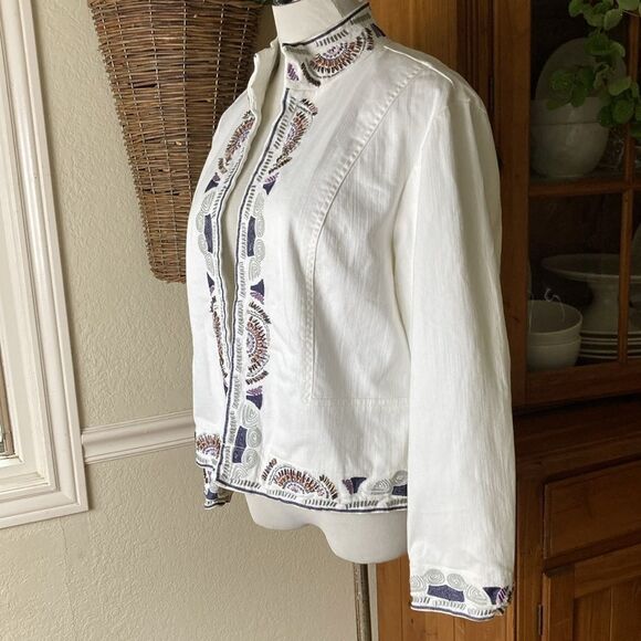 Embellished & Embroidered Coldwater Creek White Denim Open Front Jacket Size PL - Picture 3 of 12